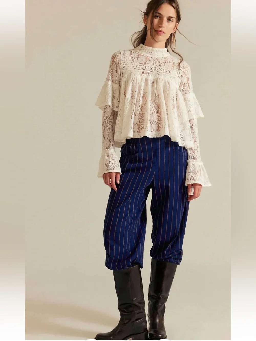 NWOT FREE PEOPLE Nice Choice Pull On Pant In Navy Combo - Pinstripe $119